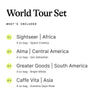 List of coffees included in a 'World Tour Set' with descriptions and origins.