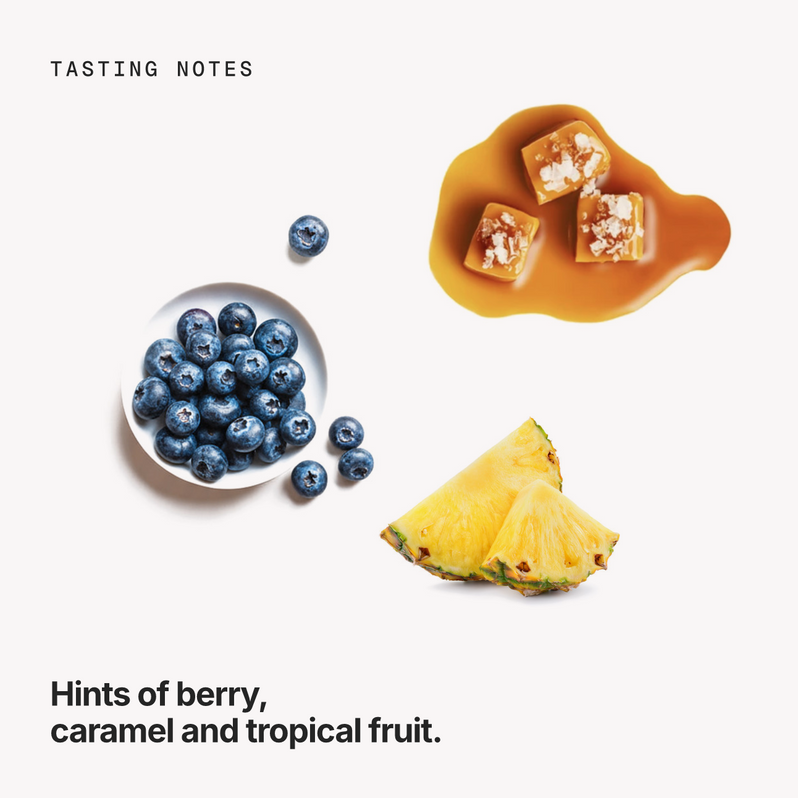 Tasting notes: berry, caramel and tropical fruit